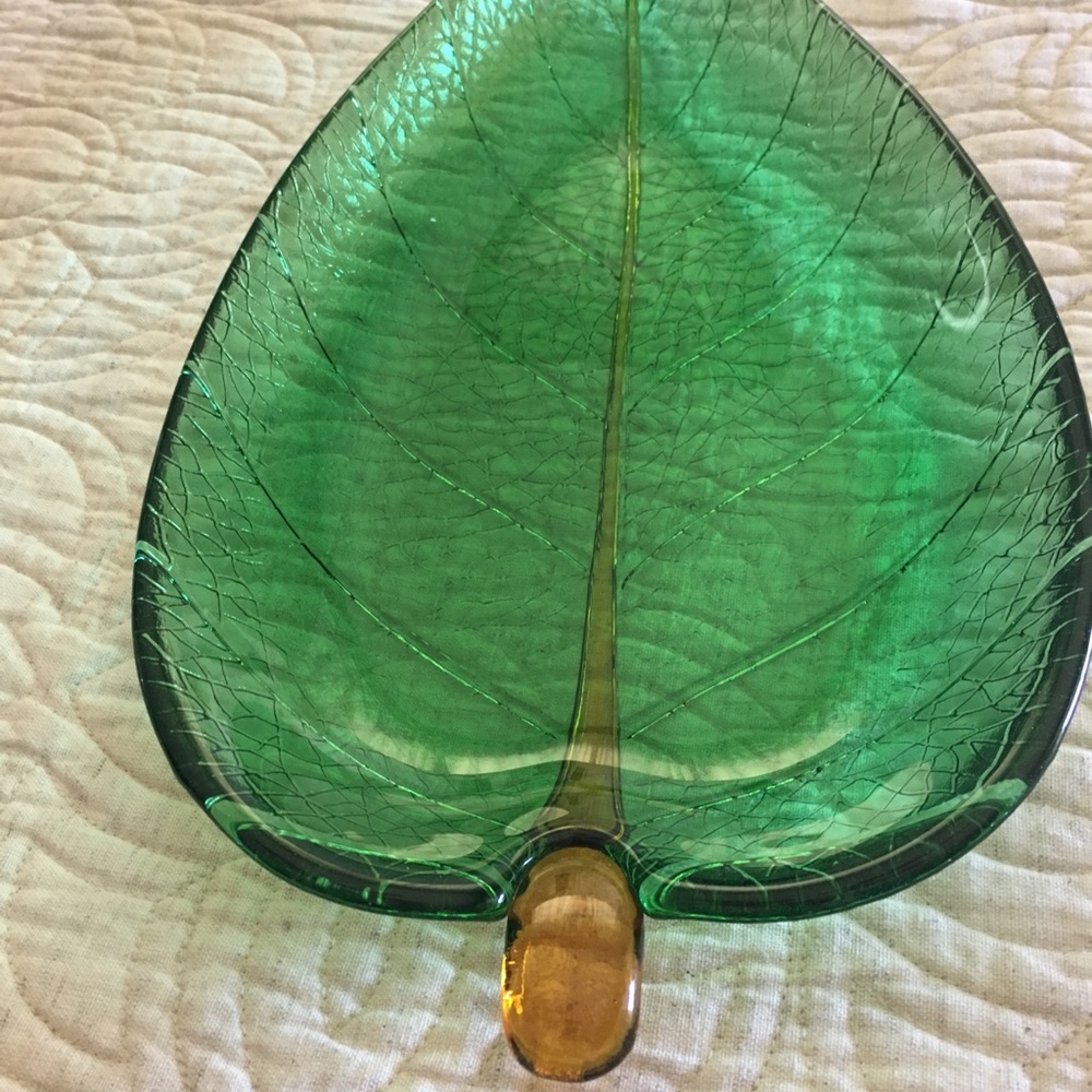 Art Green glass veined leaf dish,see thru glass,with gold stem ,